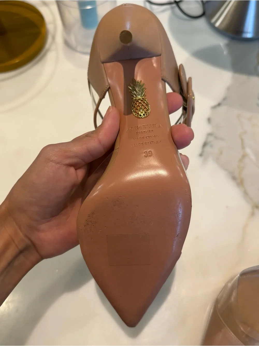 Aquazzura Tan Clear PVC Pointed Ankle-Strap Pumps - Picture 3 of 5